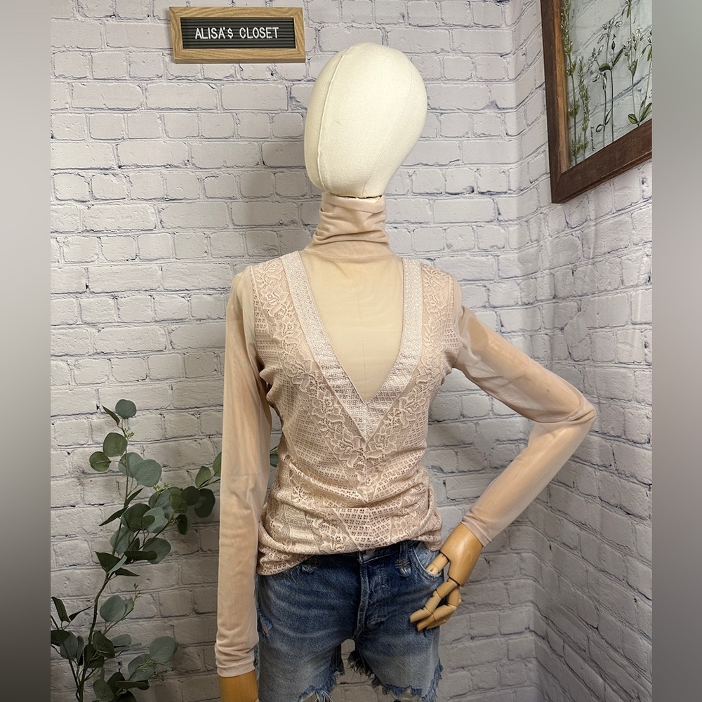 GUESS Riva Mesh pink mauve Turtleneck Top